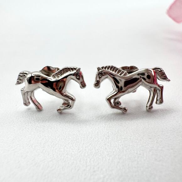 Galloping Horse Mustang 925 Tiny Stud Earrings Equestrian Tested Silver Stamped - Picture 1 of 11